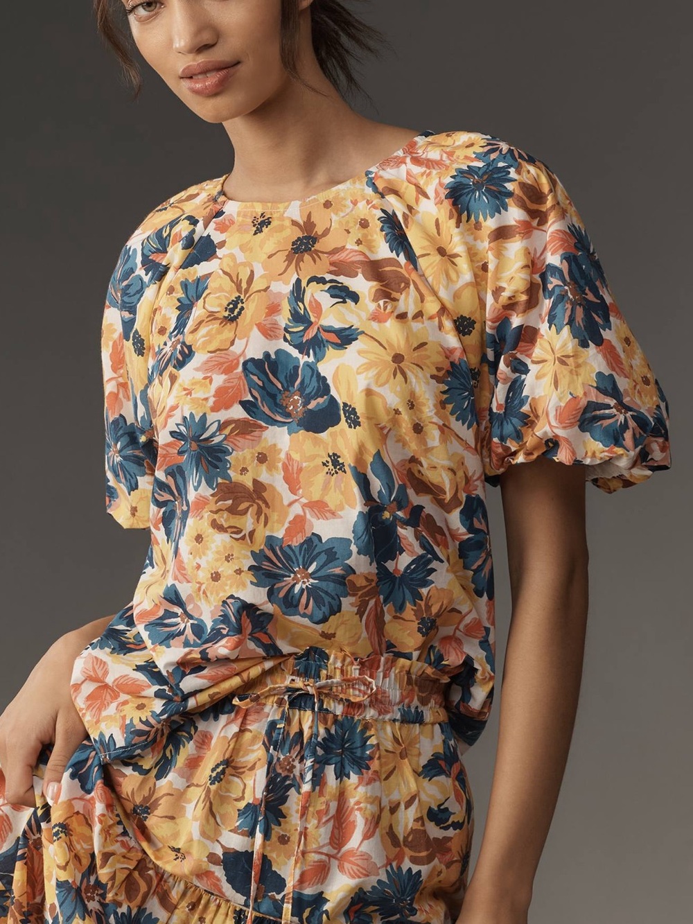 NWT BANJANAN santos Blouse Top Yellow Blue Floral Puff sleeve Sz XL